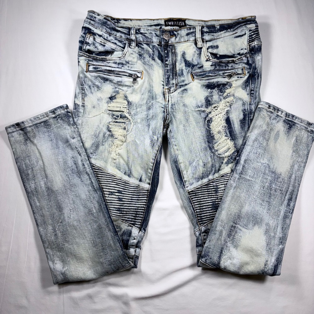Embellish NYC Mens Biker Jeans 38 Acid Wash Distressed Moto Denim Zip Stretch